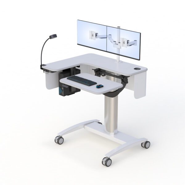 Doctor charting at standing height on mobile medical computer cart