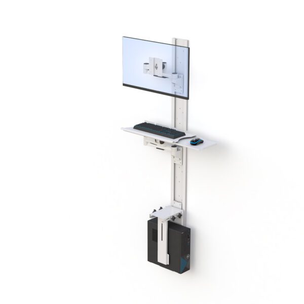 Side view showing monitor arm extended on vertical track with keyboard tray slid out and CPU holder below.