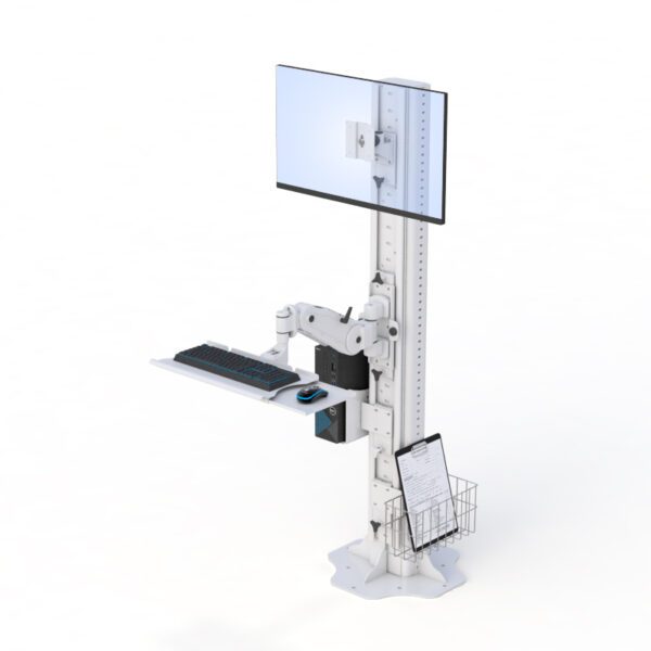 Front profile highlighting flat keyboard tray under display and neat base structure.
