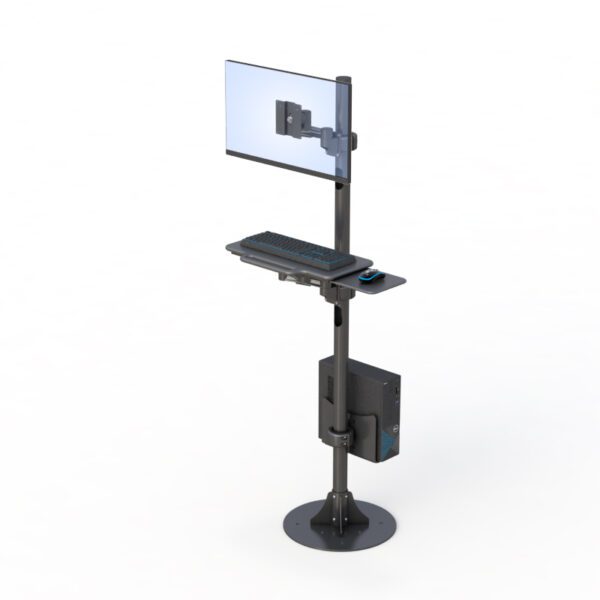 Side view of Pole Mount Computer Station featuring Floor Plate Accessory secured to the base for stable ergonomic work setup