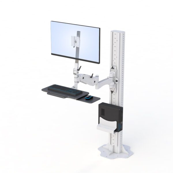 Front view of triple monitor desk stand clamp with three screens mounted above an industrial computer desk.