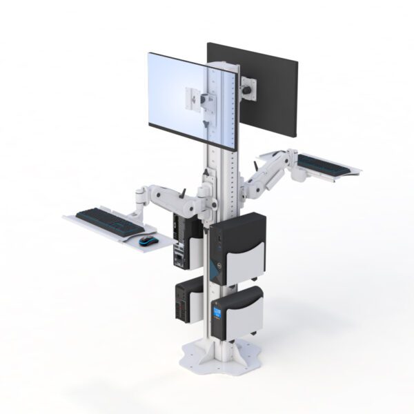 Full view of floor mounted computer stand showing vertical frame, monitor mount, and keyboard tray.