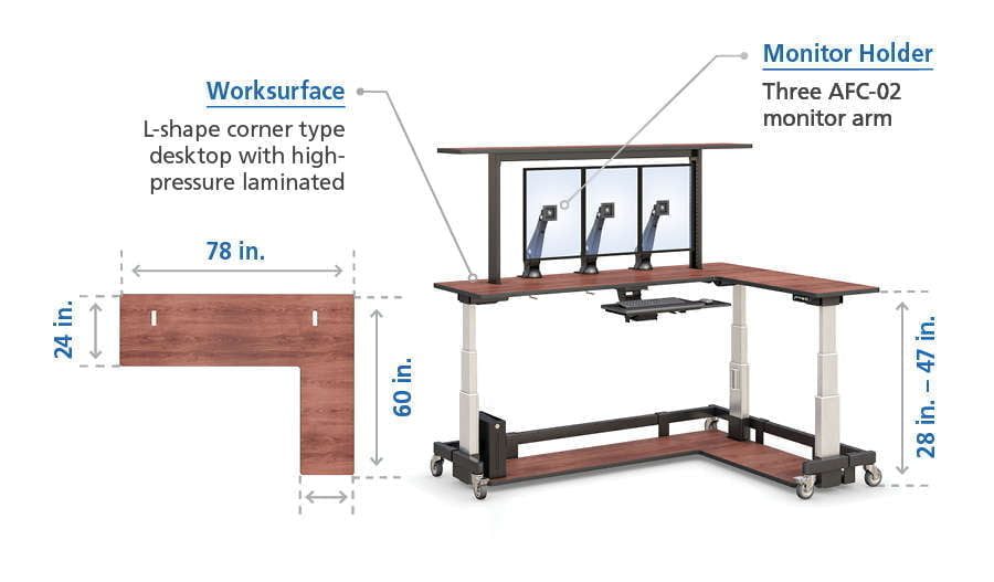 características del control del escritorio de pie de altura ajustable en forma de l