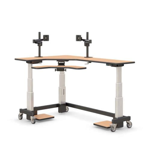 772418 ergonomic l shaped corner standing desk with two monitor arm mounted