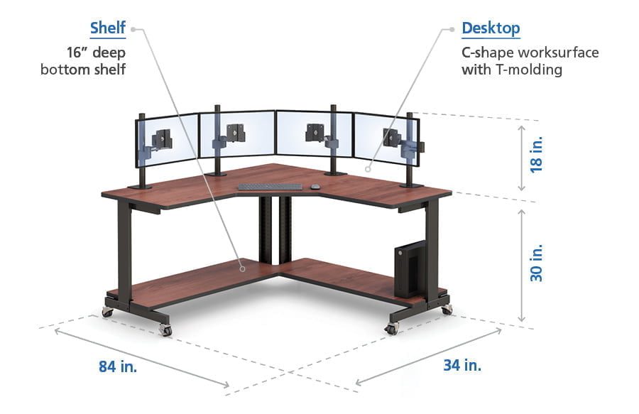 Escritorio de ordenador en forma de L con cuatro monitores Características