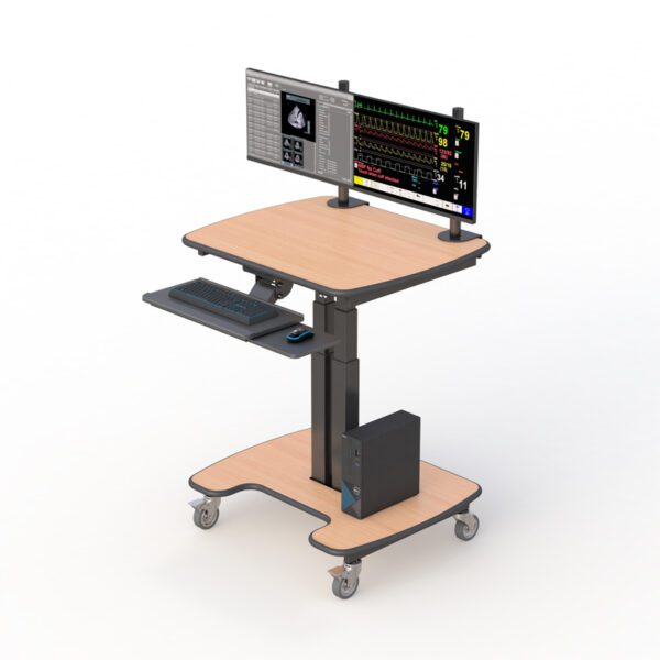 Medical telescopic workstation cart with anti-glare monitor and sealed keyboard tray