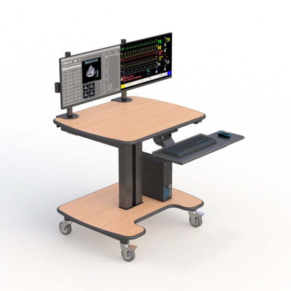 Space-saving telescopic cart in lowered position for tight clinical spaces