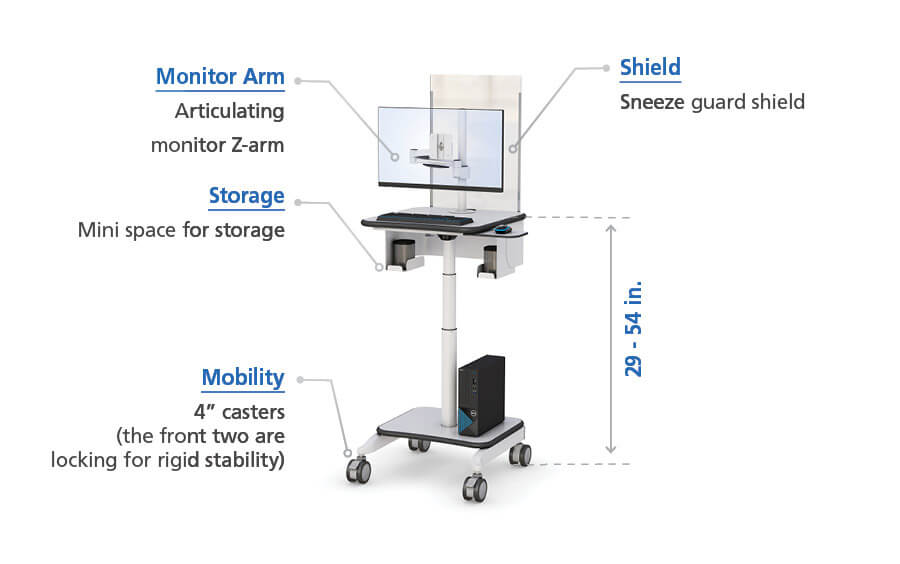 Mobile Computer Cart Monitor Arm with Sneeze and Cough Guard specs