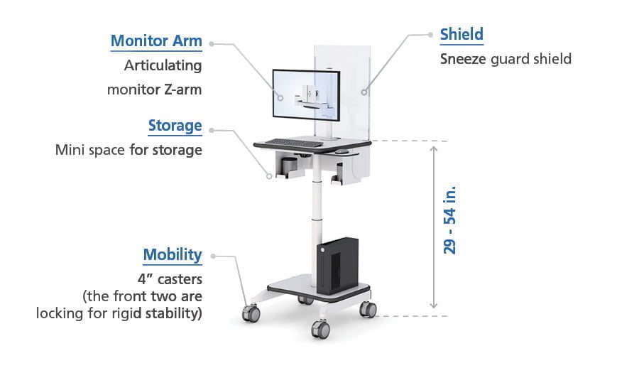 Mobile Computer Cart Monitor Arm with Sneeze and Cough Guard specs
