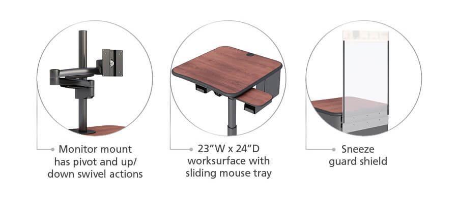 Mobile Computer Cart Monitor Arm with Sneeze and Cough Guard features