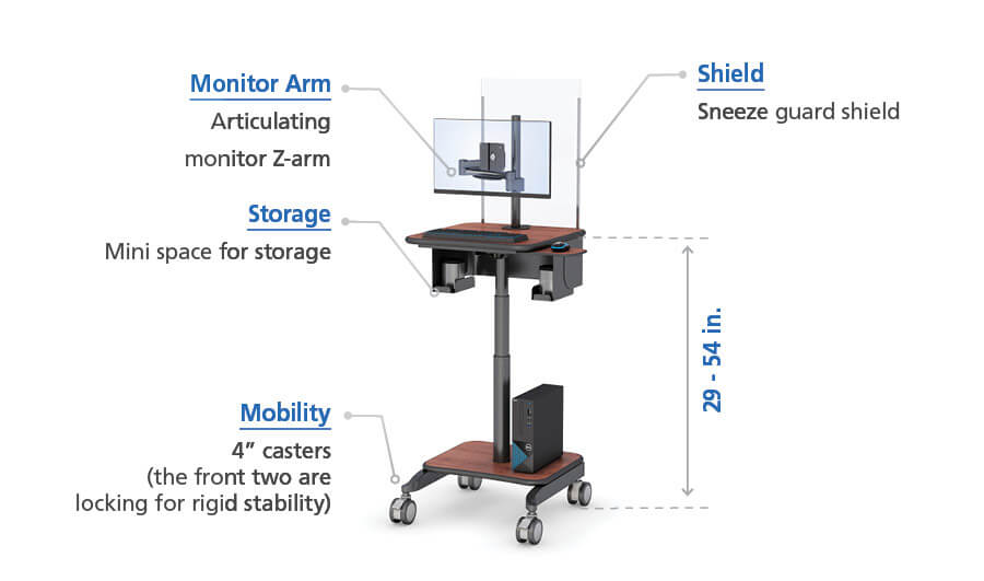 Mobile Computer Cart Monitor Arm with Sneeze and Cough Guard specs