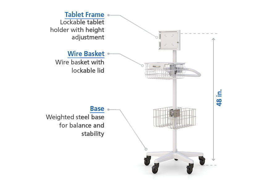 Mobile tablet cart with ELBI locking wire basket and storage baskets description