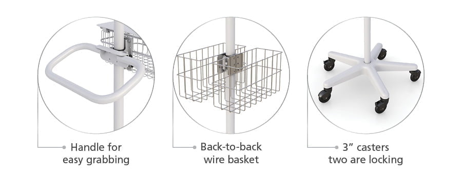Mobile tablet cart with ELBI locking wire basket and storage baskets details