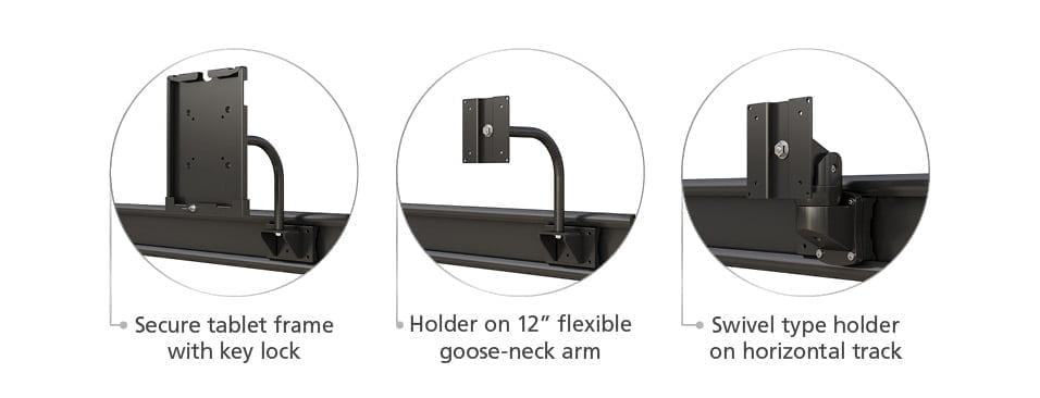 Tablet Holder with Flexi-arm mount on Horizontal Track features