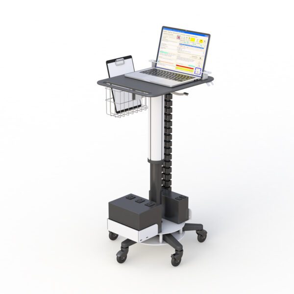 Adjustable computer storage cart by AFC, featuring multiple shelves for organization and mobility on wheels for easy transport.