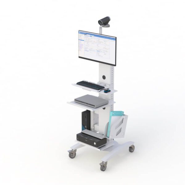 A computer rolling workstation designed for healthcare professionals, featuring mobility and ergonomic design for efficient use.