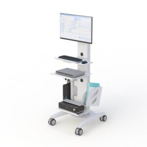Ergonomic computer stand on wheels by AFC, designed for mobility and comfort in workspace organization and efficiency.