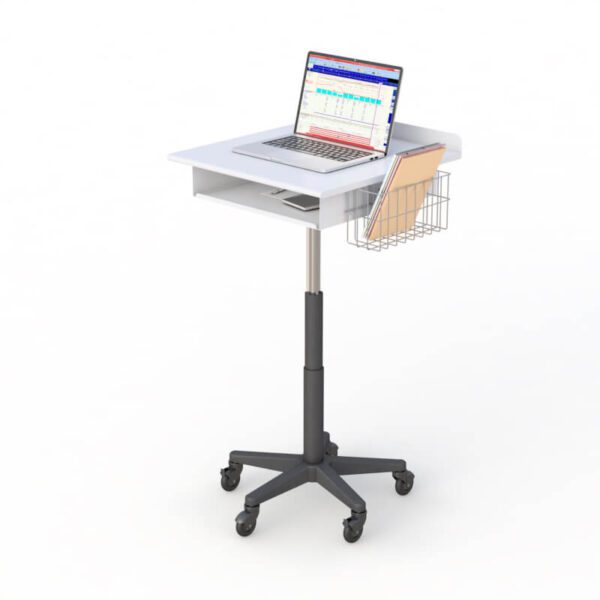 A mobile rolling computer desk by AFC, featuring wheels for easy movement and a sleek design for modern workspaces.