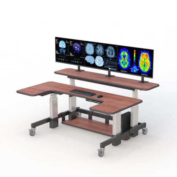 Dual tier computer workstations by AFC: Two levels of desks with adjustable heights for ergonomic comfort.