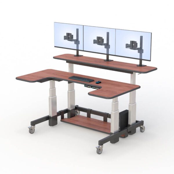 Dual tier L-shaped desks by AFC: A modern office furniture with two levels, perfect for maximizing space and productivity.