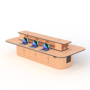 Under‑table view showcasing discreet cable routing channels and sturdy support frame.