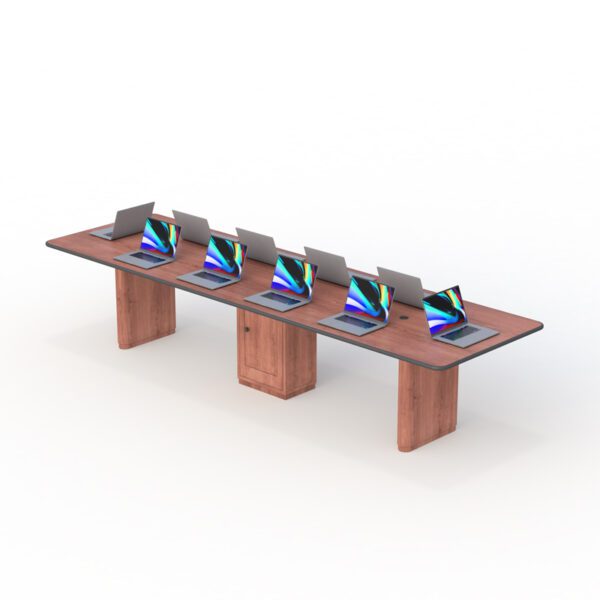 Spacious conference room table with sleek rectangular wood-finish tabletop and cable management grommets.