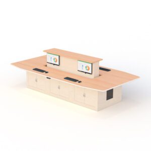 Height-adjustable conference table with built-in display panel, wood finish surface, and cable management cutouts.