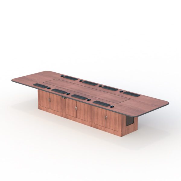 Angled view showing the monitor panel mid‑lift emerging from the table’s surface.