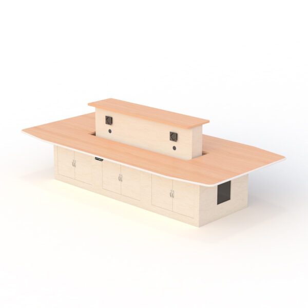 Team collaborating around height-adjustable conference table with shared display