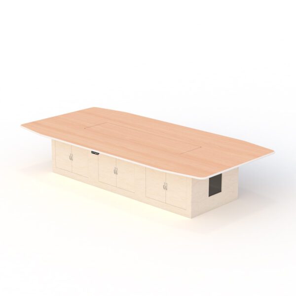 Beveled edge design on ergonomic adjustable conference table