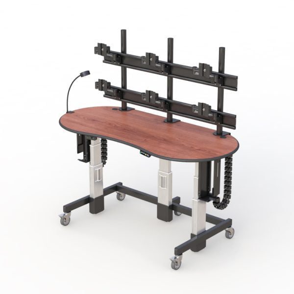 Telehealth nurse desk: A modern workstation equipped with medical tools and technology for remote patient consultations.
