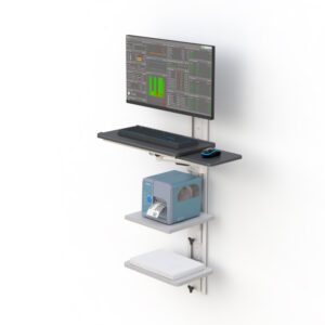 Wall-mounted computer system with monitor arm, slide-out keyboard tray, CPU cradle, and utility shelves on steel track.