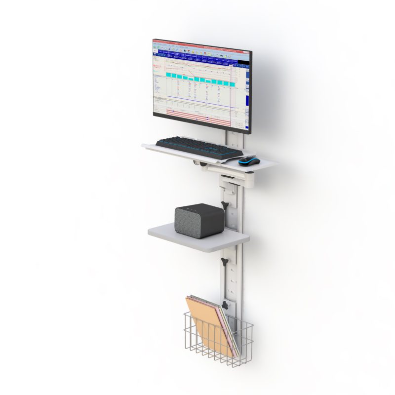 Wall-mounted computer system with adjustable metal keyboard tray, utility shelf, storage basket, CPU mount on vertical track.