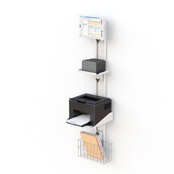Wall-mounted computer system with tablet frame holder, utility shelves, wire basket, monitor mount on vertical steel track.