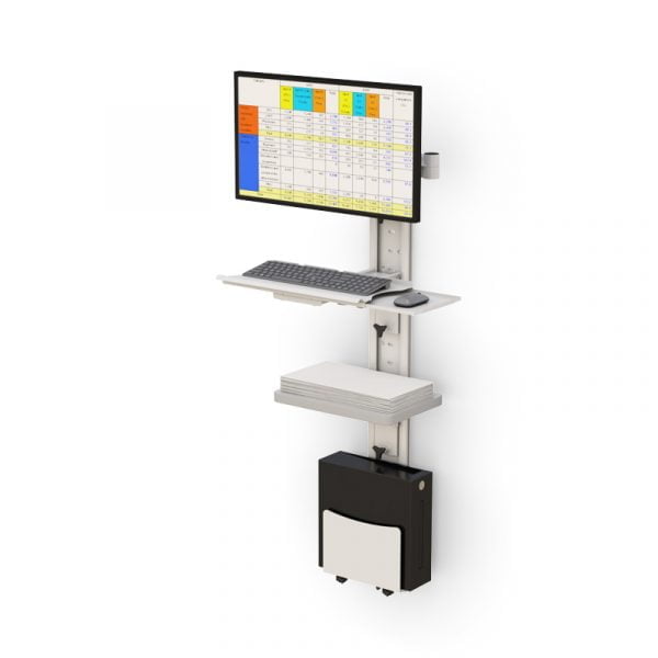 Wall mounted computer system with metal fixed keyboard tray, shelf and CPU holder