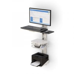 Wall mounted computer system with keyboard tray, locking secure basket and printer shelf