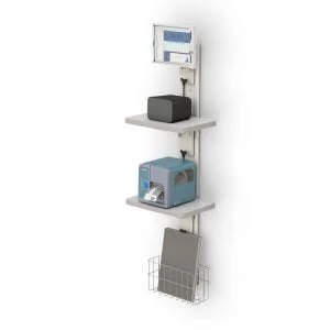 Wall mounted computer system with Tablet frame holder, utility shelves and a wire basket