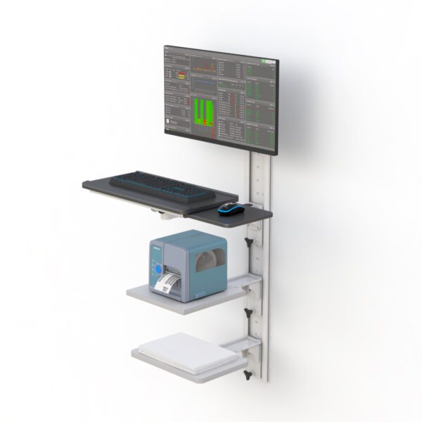 Side view showing extended keyboard tray, monitor arm, CPU cradle, and two utility shelves on vertical track.