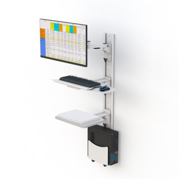 Side view showing extended keyboard tray, monitor arm, CPU cradle, and two utility shelves on vertical track.