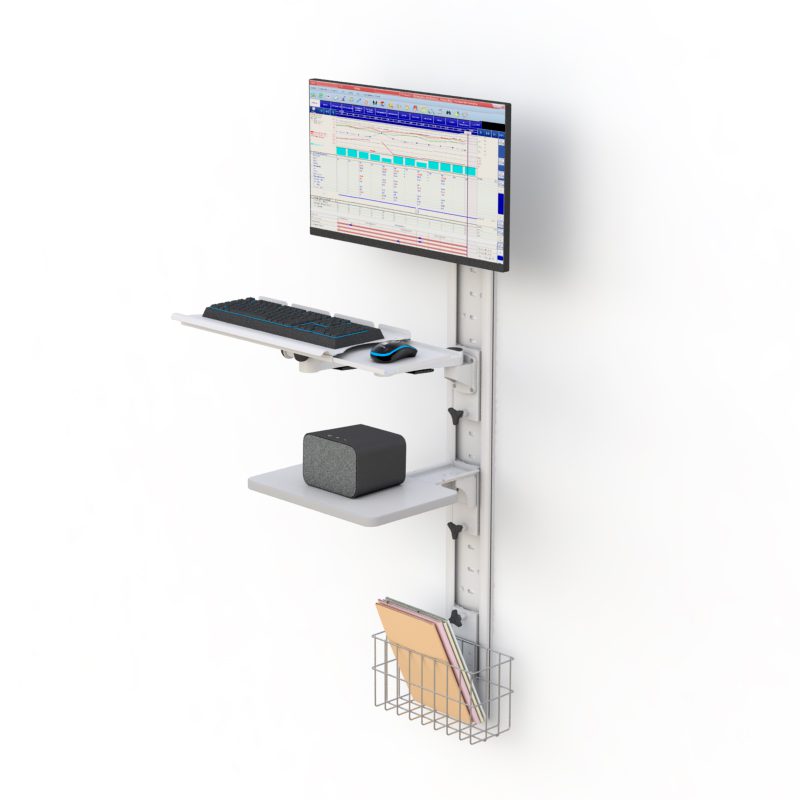 Side view showing keyboard tray extended, utility shelf and basket beneath adjustable monitor mount on vertical track.