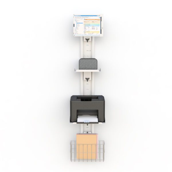 Side view showing tablet frame at top, utility shelves, wire basket, and monitor arm on wall track.