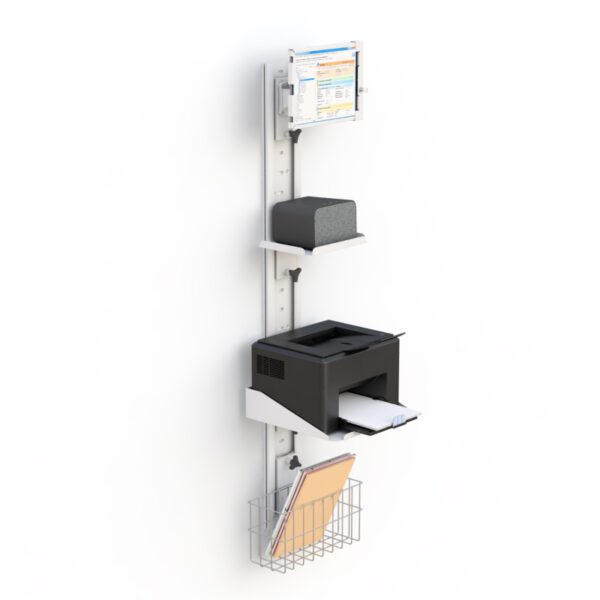 Wall Mount Track Computer Workstation System with Printer Tray and Wire Basket