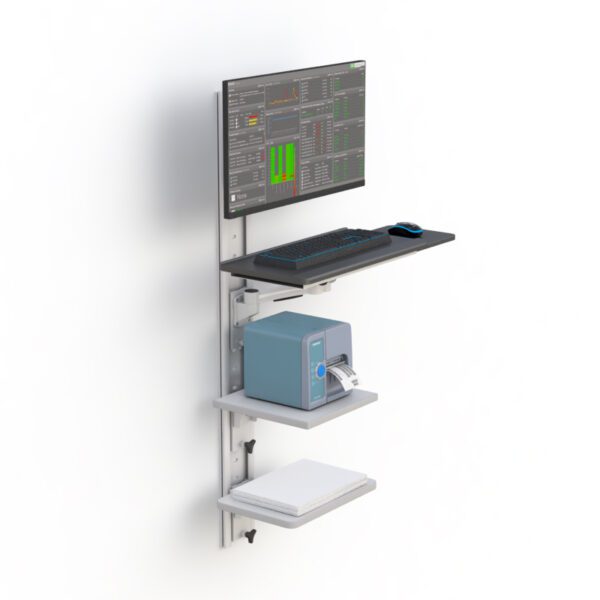 Front perspective highlighting keyboard tray in typing position beneath monitor and utility storage shelves.