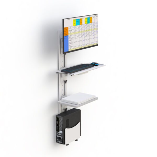 Front perspective highlighting keyboard tray in typing position beneath monitor and utility storage shelves.