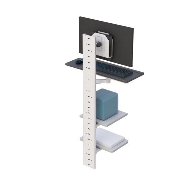 Close-up of articulated monitor arm with integrated cable management on wall track.
