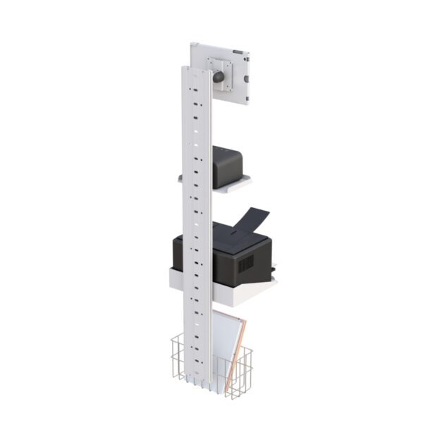 Close-up of tablet cradle and upper utility shelf with cable management on track.
