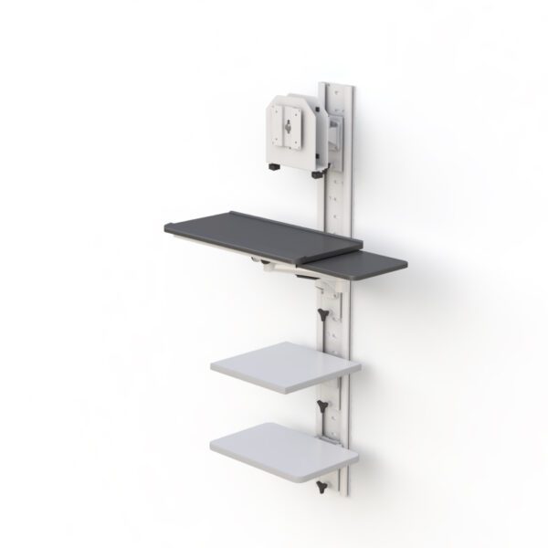 Detail image of CPU cradle and utility shelves with equipment placed, illustrating ergonomic setup.