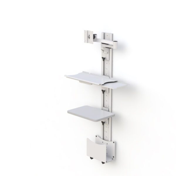 Detail image of CPU cradle and utility shelves with equipment placed, illustrating ergonomic setup.