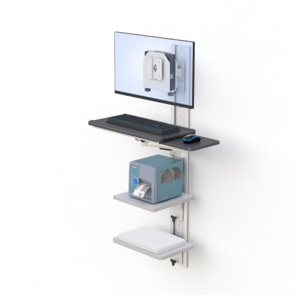 Installed in clinical setting, showing entire wall-mounted workstation neatly organized on steel track.