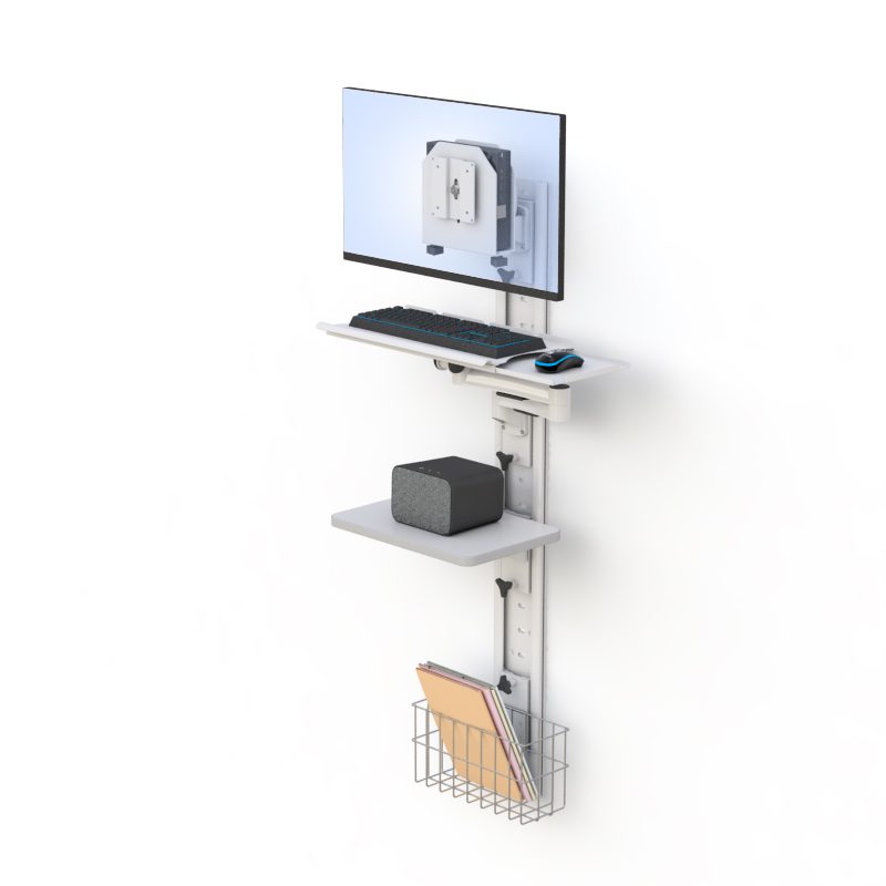 Installed in clinical workspace, illustrating space–saving wall-mounted workstation with organized accessories.
